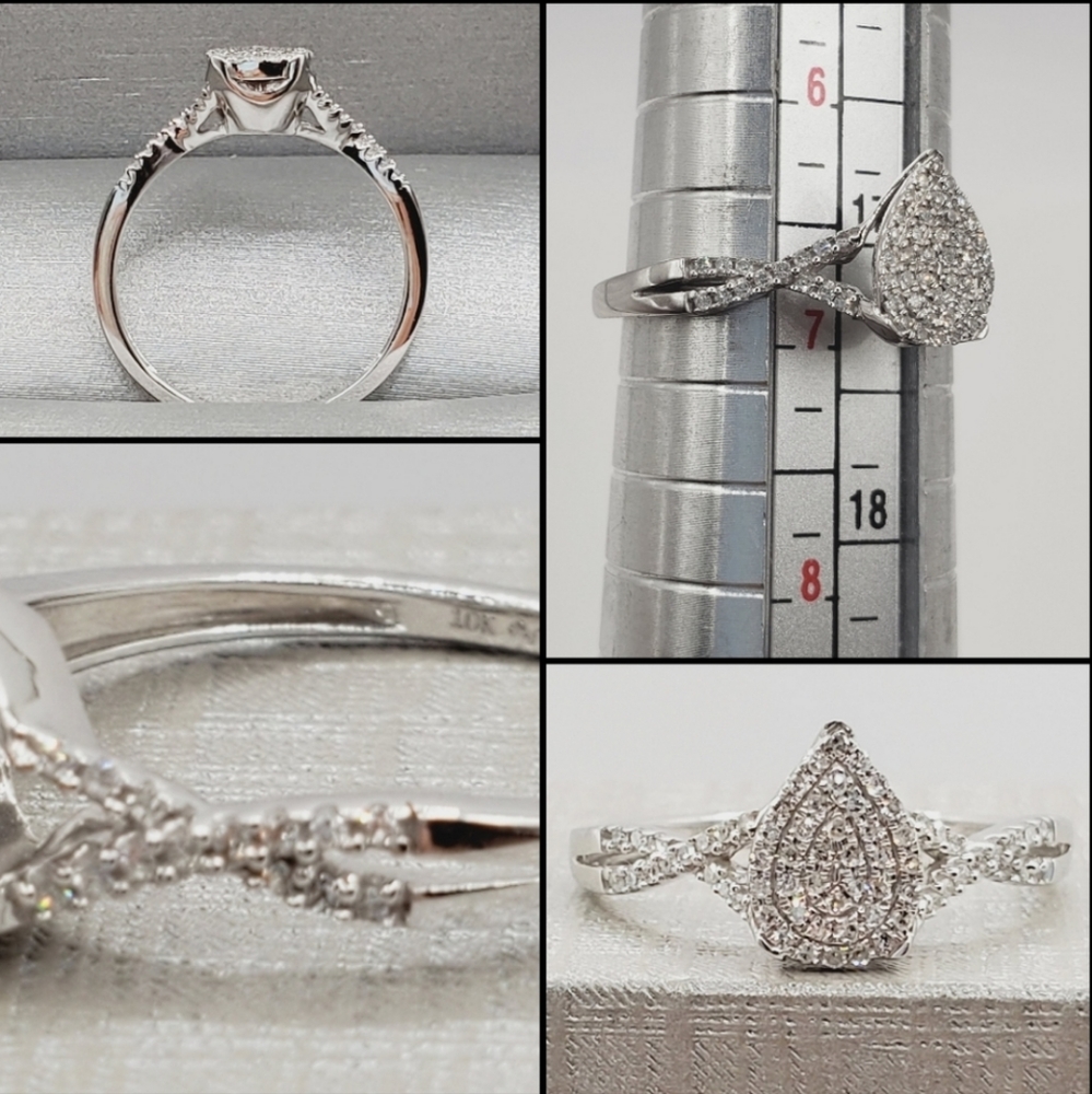 10k Solid White Gold Genuine Diamond Pave Pear Twist Ring - Picture 2 of 3